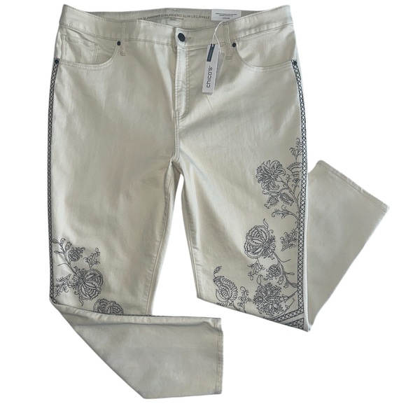 Chico’s Women’s Natural Cream Embroidered So Slimming Girlfriend Slim Ankle Jean - Picture 2 of 13